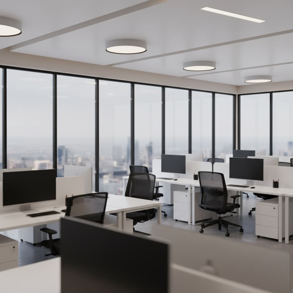 Modern open-plan office with solar-tinted floor-to-ceiling windows overlooking a city skyline